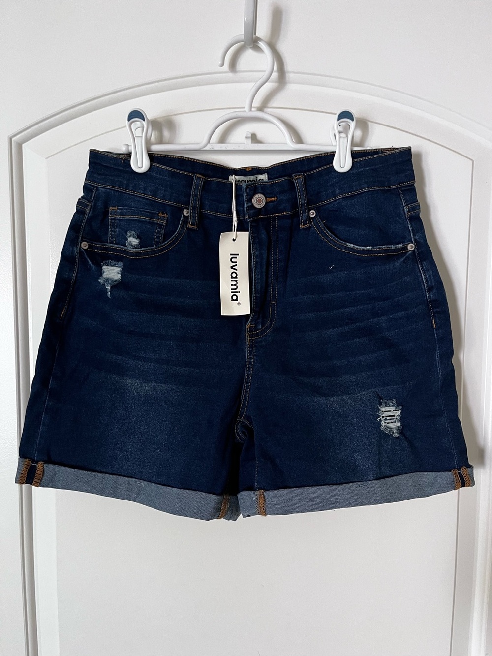 Luvamia Women's Dark Blue Distressed Denim Shorts